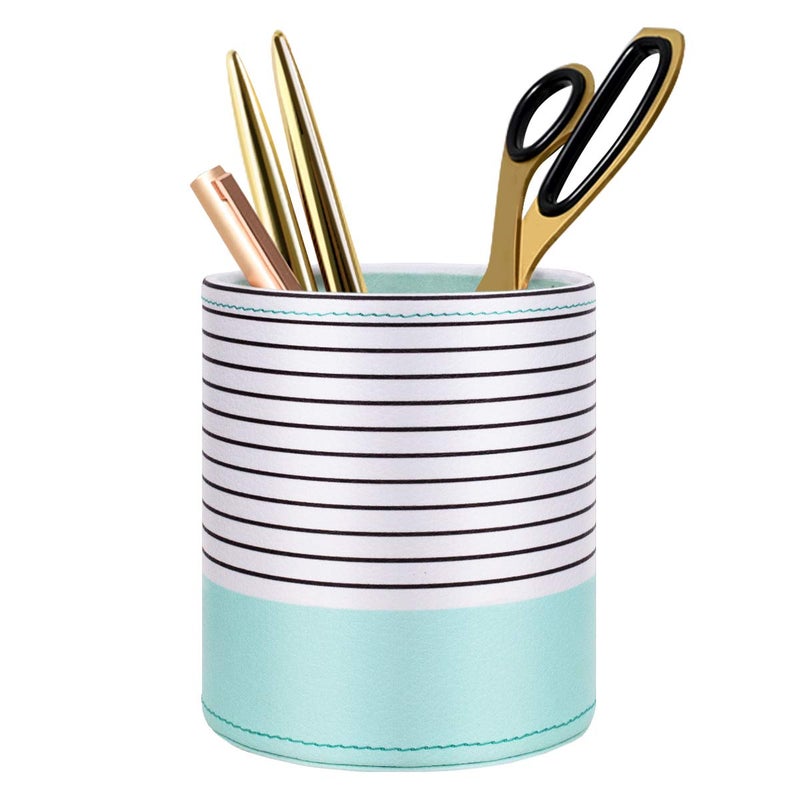 WAVEYU Pen Holder, Pencil Cup Pot Desk Organizer Multi Purpose Use Cute for Adults Kids Luxury Leather Makeup Brush Holder for Home, Office, Classroom, Stripes Mint Green - Image 1